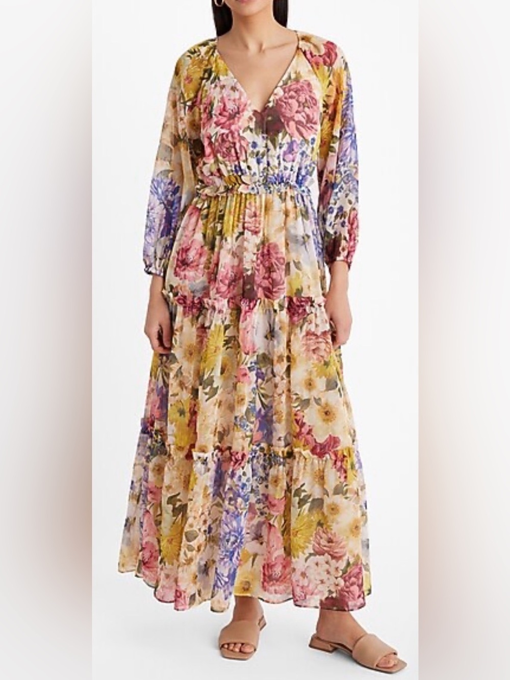 Express Floral Tiered Maxi Dress in Yellow, Pink & Purple